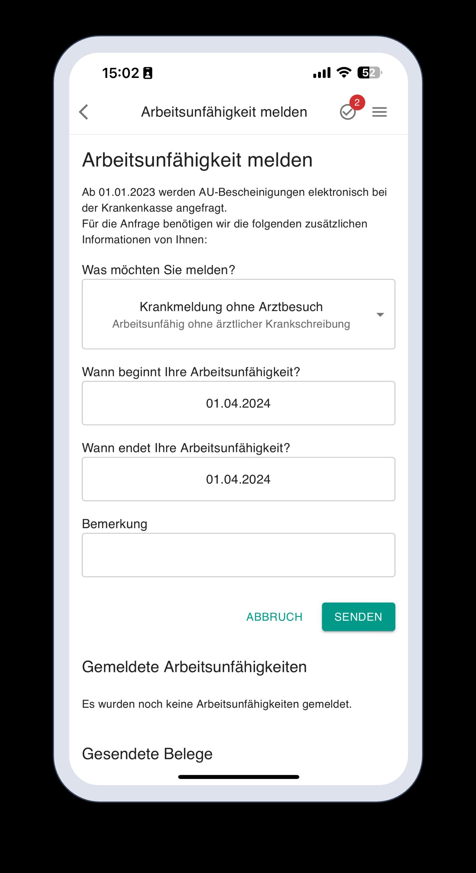 Screenshot Arbeitsunfähigkeit melden